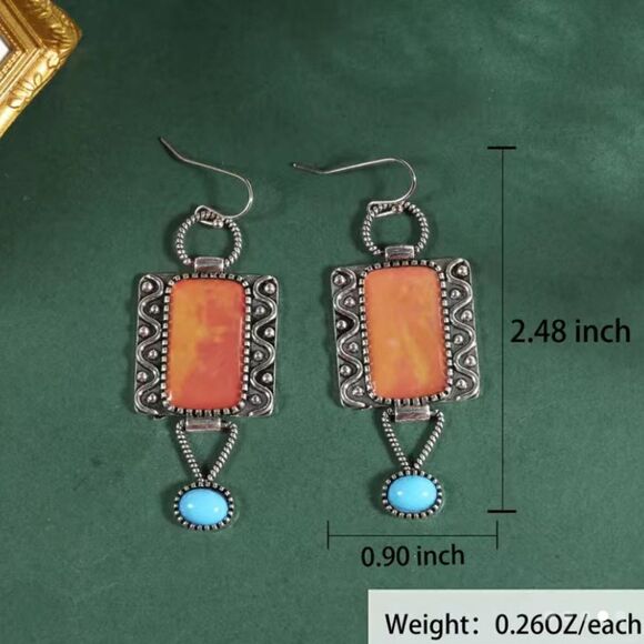 ✨🆕✨Boho Silver Plated Burnt Orange Turquoise Decor Stones  Drop Earrings 🔅✨ - Picture 6 of 12